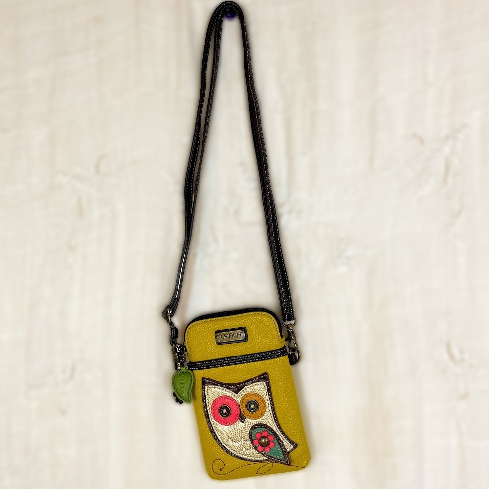 CHALA Crossbody Cell Phone Gold Vegan Pebbled Leather Bag Wide Eyed Owl - Picture 2 of 14